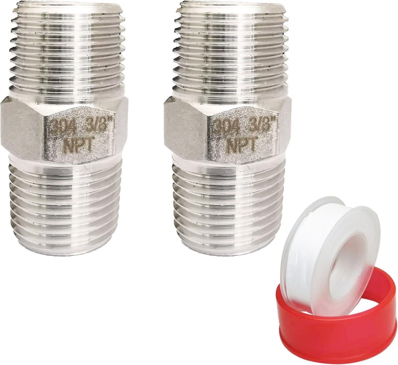 POTONZ 3/8" Male x 3/8" Male NPT Threaded Hex Nipple Pipe Fittings 304 Stainless Steel Pipe Adapter Fittings Equal Nipples Connectors With Teflon Plumbers Tape (Pack of 2) - Image 1